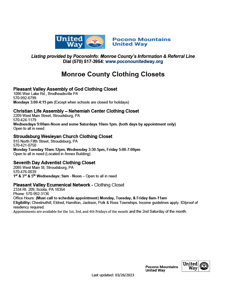 Monroe County PA Clothing Closets - Free clothing, shoes, linens, underwear